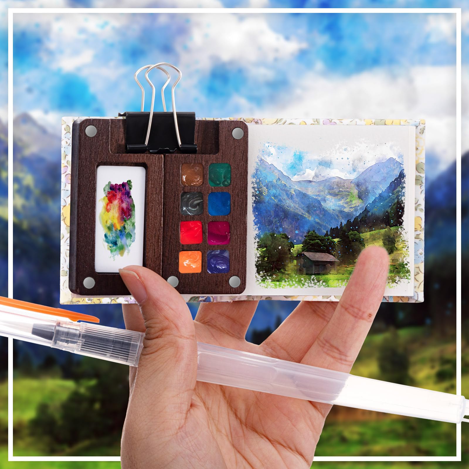 Qilery Juego de mini paleta de acuarela portátil de madera, caja de pintura de papel de acuarela, cuaderno de bocetos, bolígrafos con clip para carpeta, para pintores, artistas, no incluye pintura