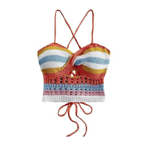 Blusa feminina de crochê listrada com bloco de cores, gola redonda, frente torcida, tricotada para férias