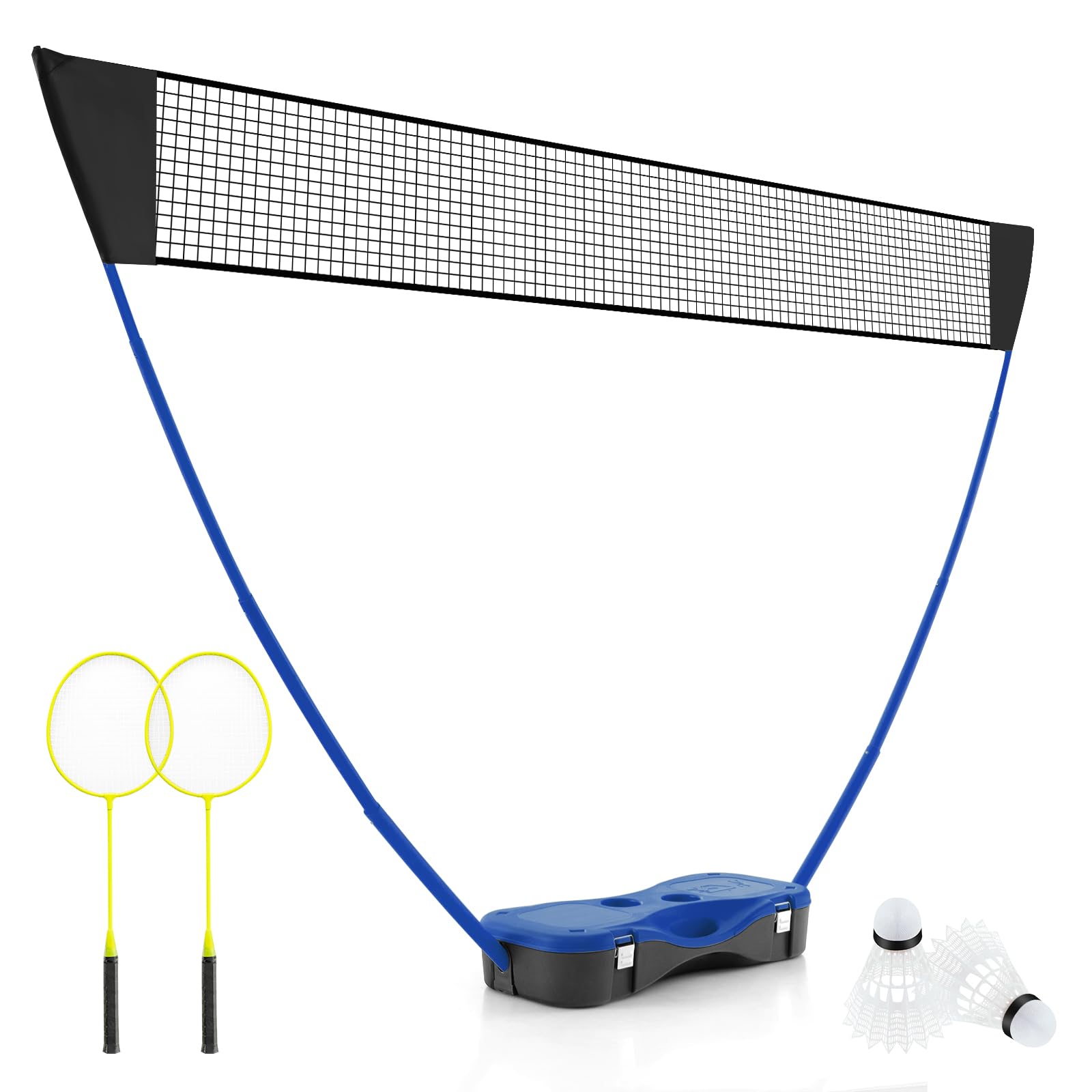 COSTWAY Portable Badminton Net Set, All-In-One Volleyball Badminton Set with Storage Base, 2 Badminton Rackets and 2 Shuttlecocks, for Backyard, Beach, Ball Games, Outdoor Team Sports (Blue)