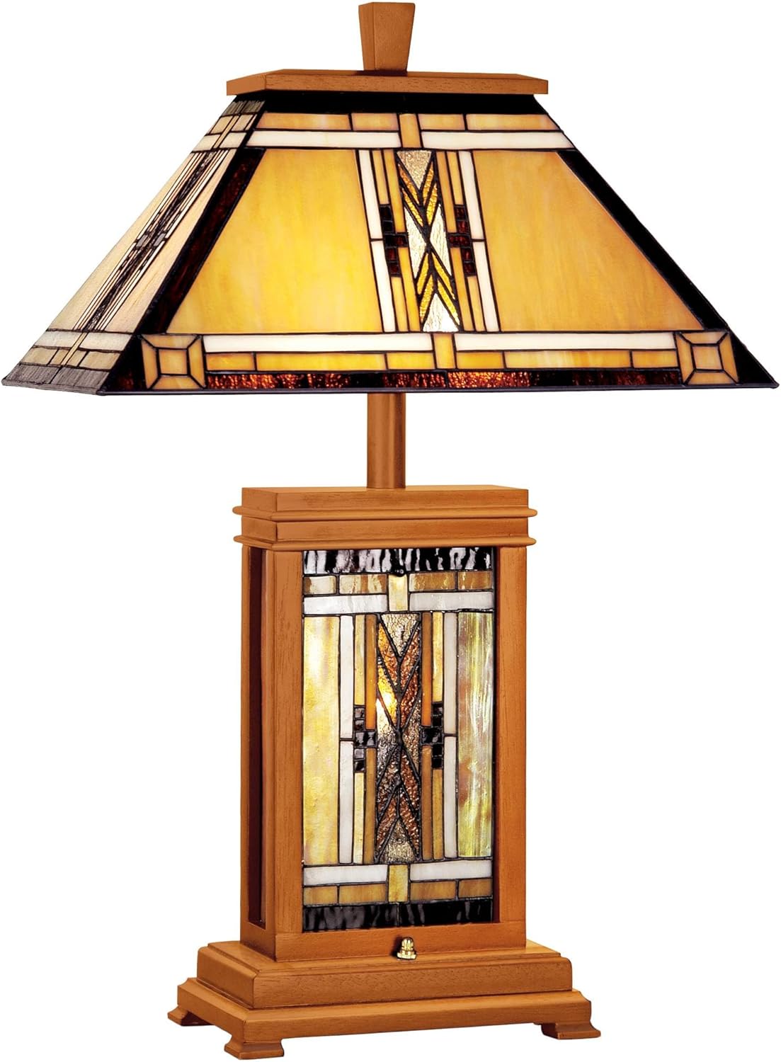 Robert Louis Tiffany Walnut Mission Collection Rustic Table Lamp with Nightlight 27" Tall Wood Base Tiffany Style Antique Stained Art Glass Shade for Cottage Core Living Room Bedroom Nightstand