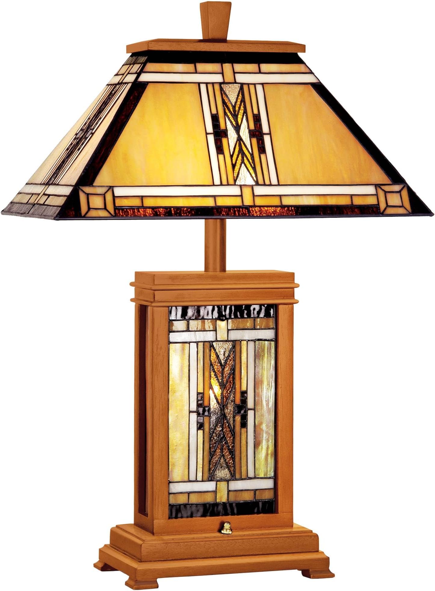 Walnut Mission Collection Rustic Table Lamp with Nightlight 27" Tall Wood Base Tiffany Style Antique Stained Art Glass Shade for Cottage Core Living Room Bedroom Nightstand