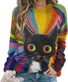 ZOCAVIA Sudaderas con estampado de gato, diseño de arte Y2K, para mujer, diseño de gato abstracto, manga larga, pintura al óleo, camisetas impresas con gatos