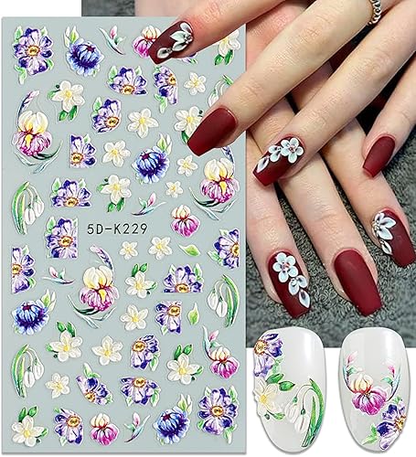 Calcomanías de arte de uñas de flores, calcomanías de uñas de flores 5D, calcomanías de uñas acrílicas en relieve de margaritas florales,