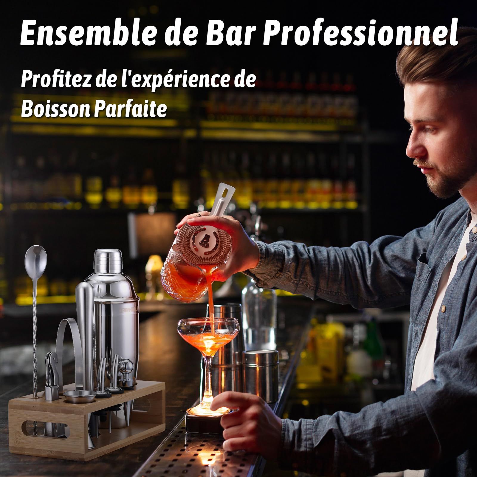 Kit Shaker à Cocktail en Acier Inoxydable GWHOLE avec Support Bois et Recette