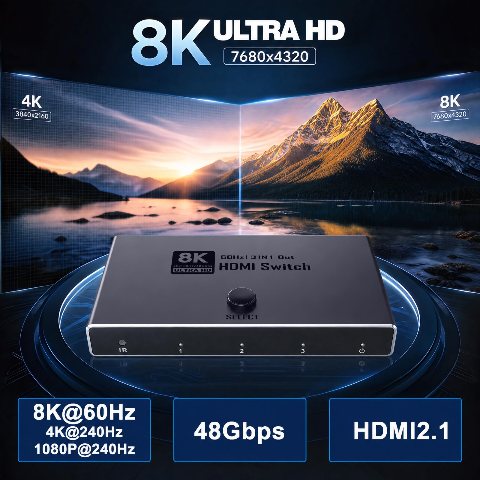 HDMI Switch 3 in 1 Out - 8K Aluminium HDMI Umschalter Verteiler mit IR-Fernbedienung unterstützt Dolby Vision 8K@60Hz 3D HDCP 2.3 Plug & Play für PC Laptop TV Beamer Projektor - Nur Spiegelmodus