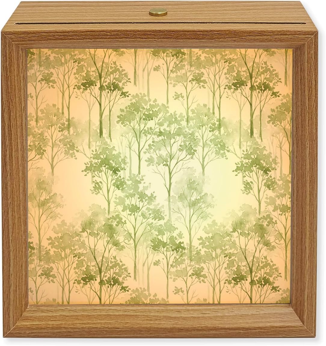 Wood Night Light Box Watercolor Trees Wooden LED Night Lights with USB Rechargeable Dimmable Touch Table Light Sage Green Leaves Forest Wood Picture Frame Lamp for Bedside Desktop Display Home Decor