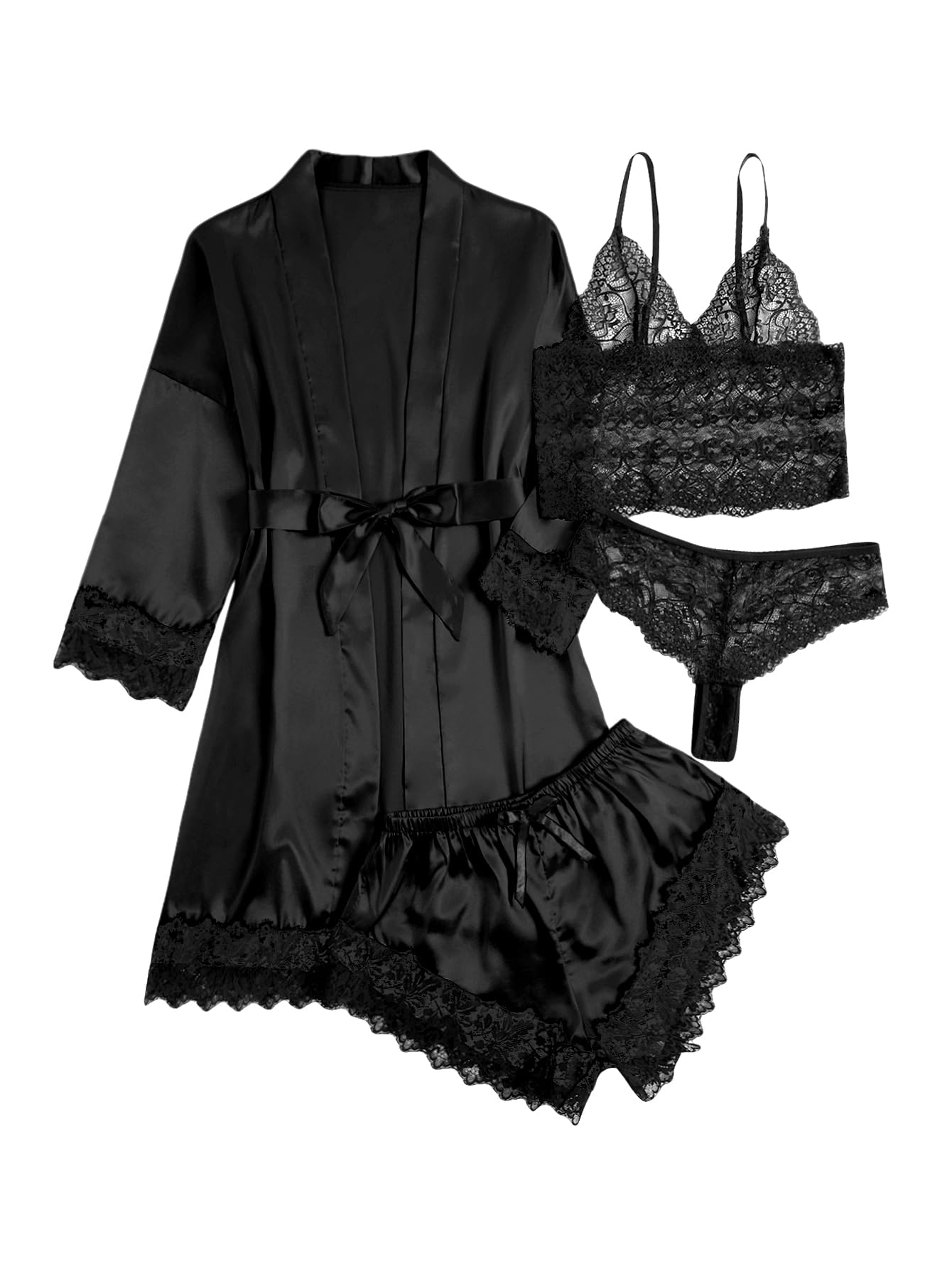 WDIRARA Women's Silk Satin 4pcs Pajamas Set Sleepwear with Robe