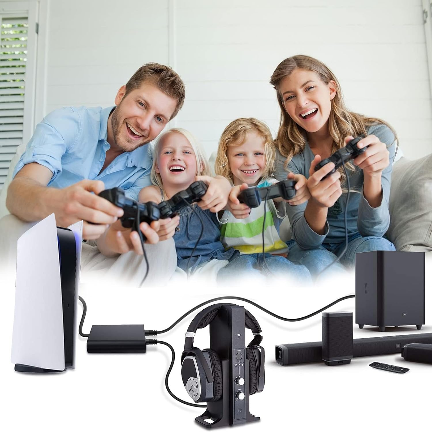 Diagram showing a PS5 connected to headphones and a soundbar via the Toslink splitter