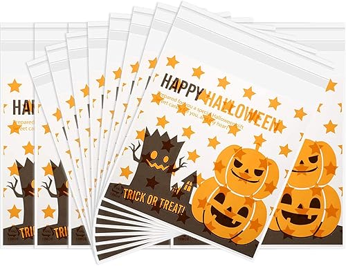 100 bolsas de golosinas de Halloween, bolsas de caramelo autoadhesivas transparentes de celofán, bolsas de plástico para galletas de celofán para