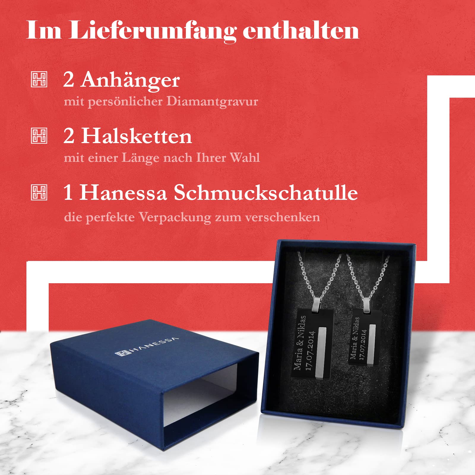 Personalisierte Kette mit Gravur Edelstahl 50 cm mit Anhänger Rechteck Only Love in silber schwarz - Personalisierte Halskette für Frauen Männer - Personalisierter Schmuck Damen Herren