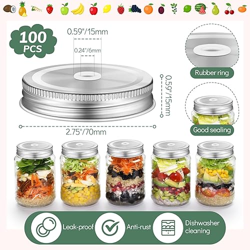 Miniatura 2 de Mudder Paquete de 26 tapas para tarros de conservas Mason con agujero para popote para tarros de metal de boca ancha regular con agujero para