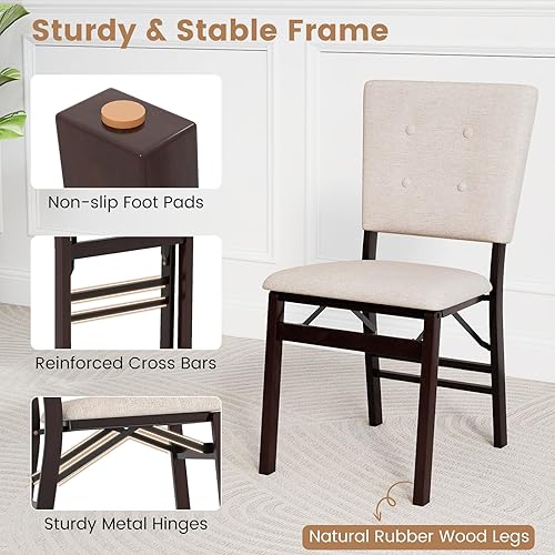 Miniatura 4 de KOTEK Juego de 4 sillas de comedor plegables, sillas de cocina tapizadas con patas de madera de goma maciza, sillas laterales plegables sin brazos