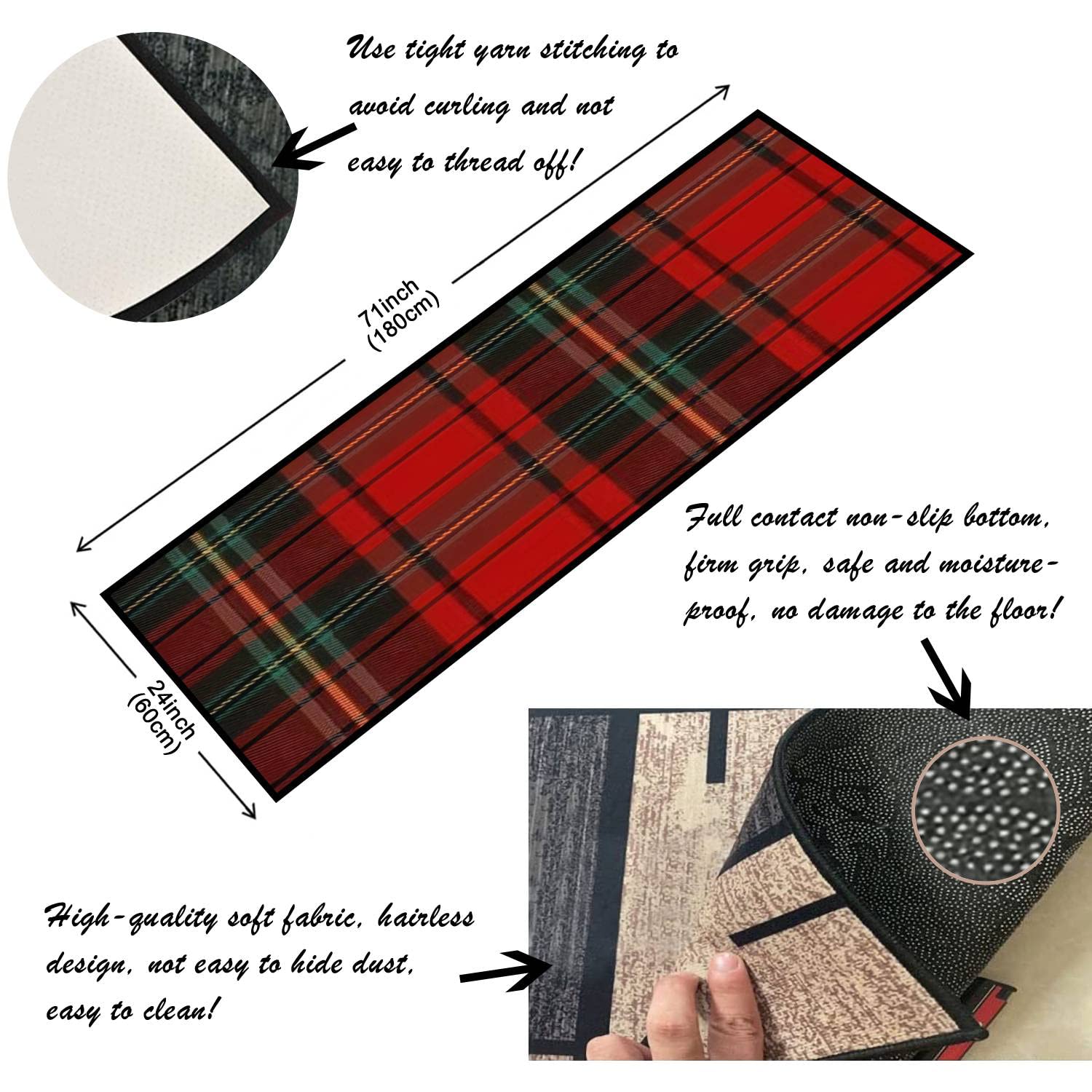 KSHJSURIMCNNL Area Runner Rug 2x6 Ft Black Green Red and White Tartan Plaid Seamless Flannel Shirt Tartan Non Skid Floor Mat for Living Room Kids Room Bedroom Kitchen Floor Hallways Carpet Throw Rugs