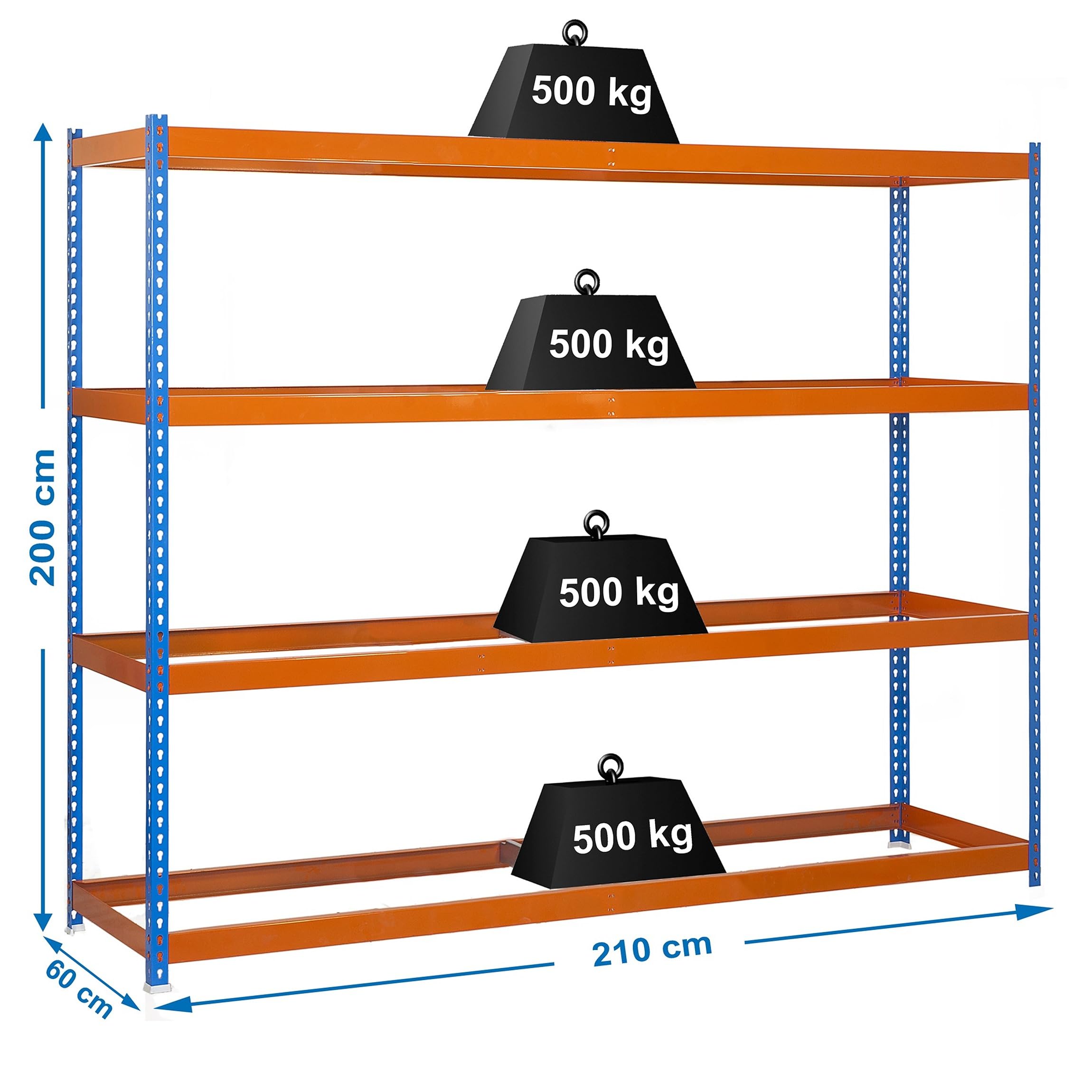 Simon Rack Estanteria Industrial, 2000x2100x600 mm, 500 kg de Punto Flexión, 4 Alturas, Sin Bandejas, Estanterias Almacenaje, Estanterias Metalicas, Azul/Naranja - SimonTaller