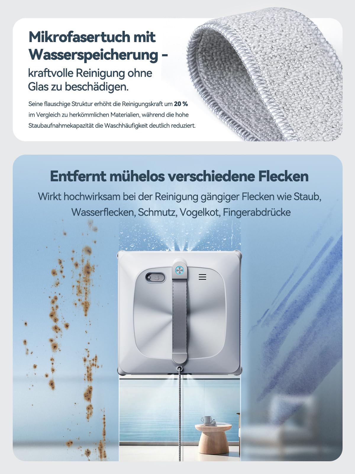 Keero Fensterputzroboter 2026 Upgrade 6Gen mit Doppelwalzenbürste, Vier Eckbürsten, 9000Pa, 6 Düsen, 110ml Wassertank, Intelligente Navigation, Reinigungsfrequenz variabel, Absturzsicherung