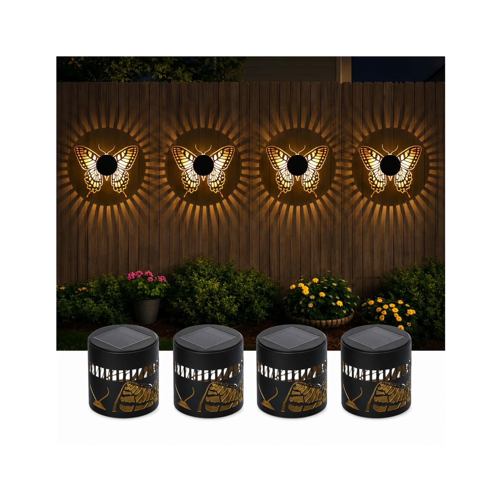 Solar Mandala Wall Lights, 7 Colour Changing Outdoor Projection Lamps, Waterproof Metal Fence Lights for Garden, Patio, Yard, Backyard, Fence Post and Outdoor Wall Decor (4, Butterfly Pattern)