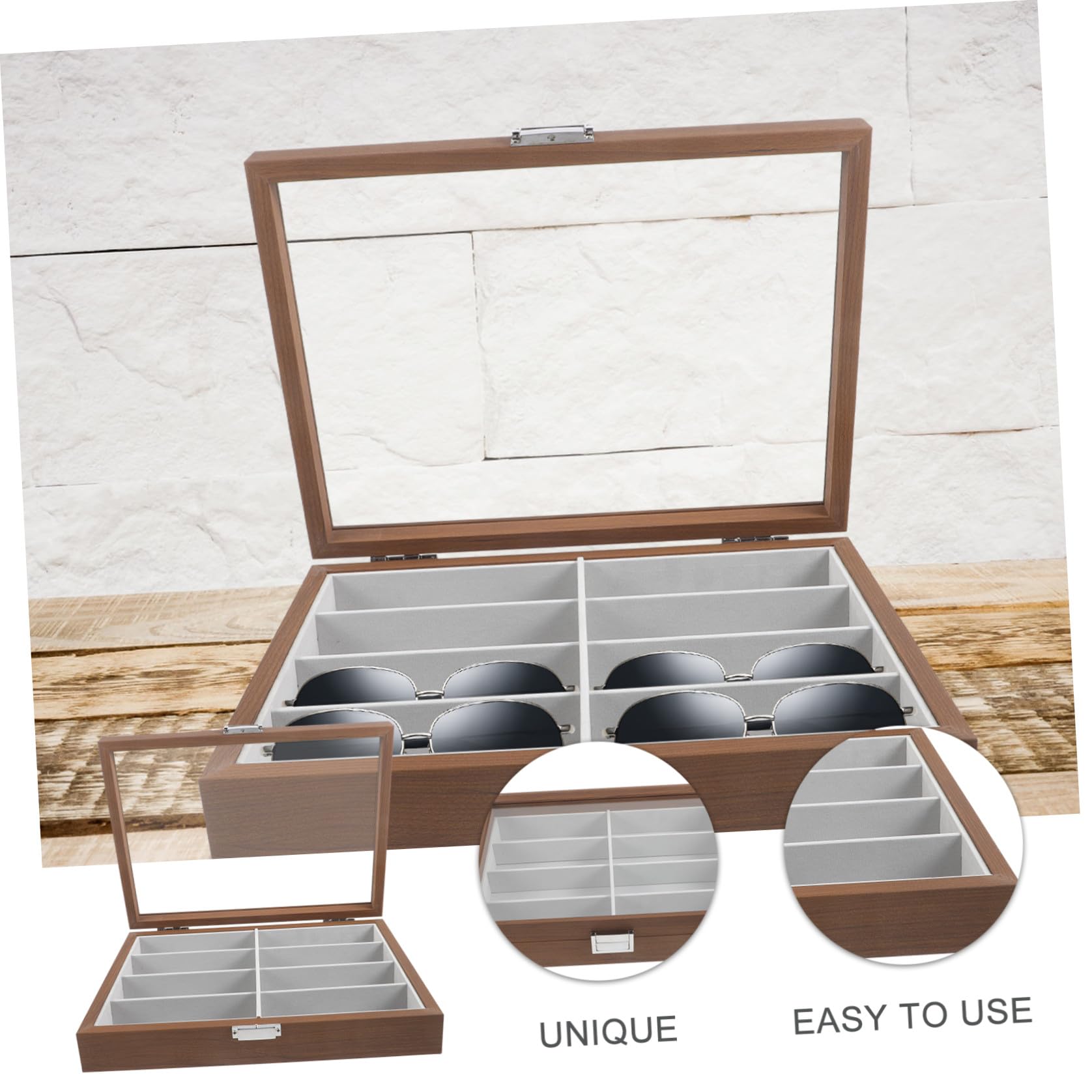 VICASKY Boîte de Rangement Lunettes Bois à Emplacements avec Fenêtre Verre Transparent et Feutrine Intérieure Organisateur Protecteur pour Lunettes de Soleil Présentoir Élégant pour