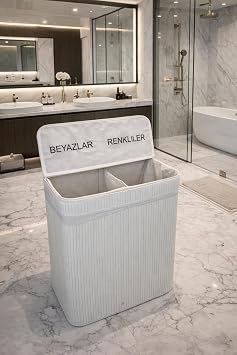 Modern Bambu Beyazlar/renkliler Ayr  B lmeli  ama r Kirli Sepeti 52X32X60CM 100 Litre B y k Boy Beyaz