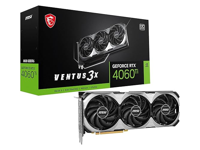 MSI GeForce RTX 4060 Ti Ventus 3X 8G OC Tarjeta gráfica -NVIDIA RTX 4060 Ti, 8 GB de memoria GDDR6, 18Gbps, PCIe 4.0, DLSS3 - GeForce RTX 4060 Ti VENTUS 3X 8G OC