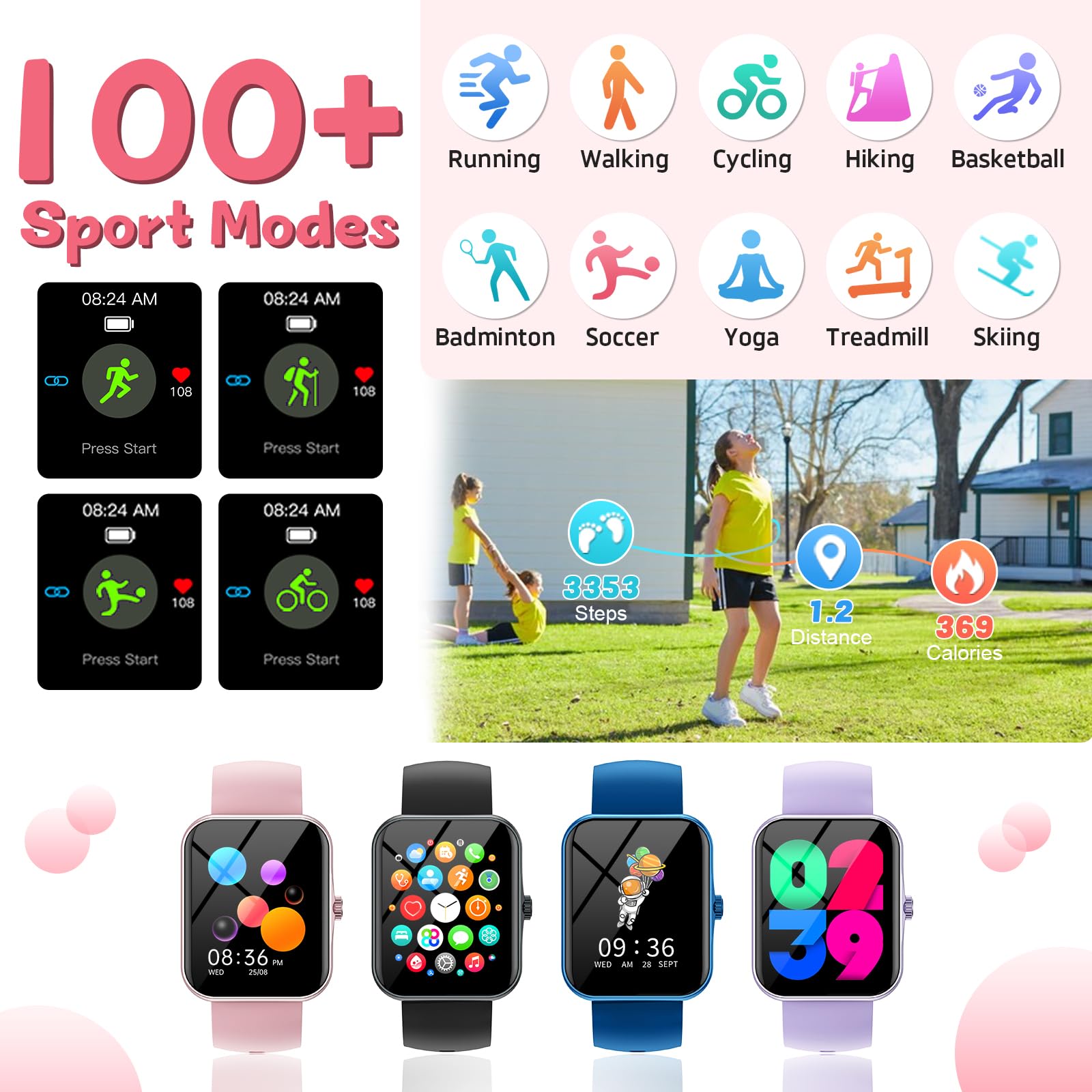 Orologio Smartwatch per Bambini, 1.8" Intelligente Fitness Tracker per Ragazzi Ragazze con 100+ Modalità Sportive, Contapassi, Sveglia, Sonno, Giochi, Smart Watch per Bambino Ado 5-16 Regalo, Rosa