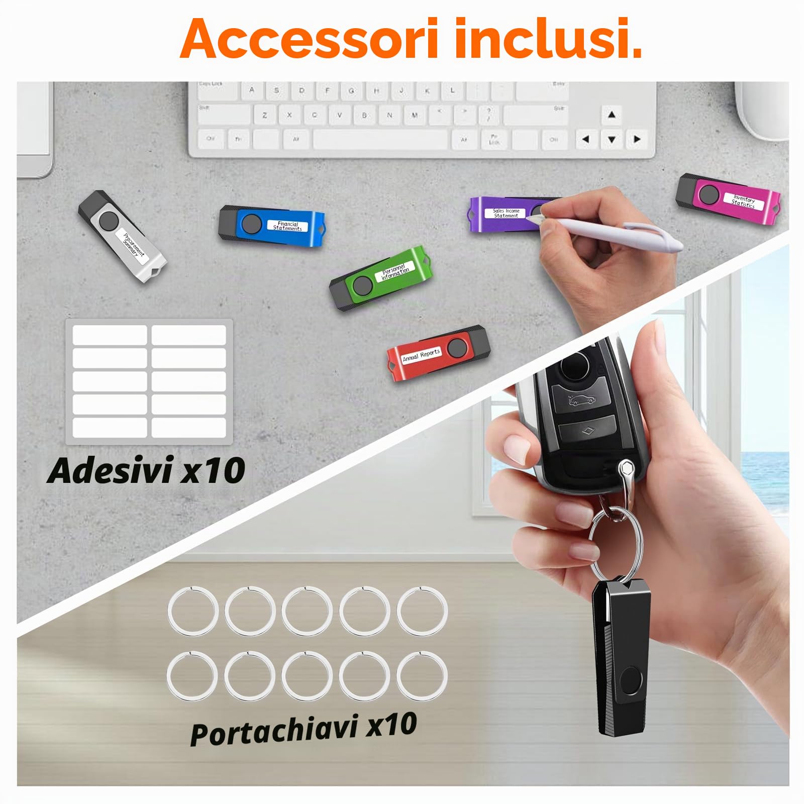 TEWENE Chiavetta USB 3.0 da 8 GB, confezione da 10, con portachiavi e adesivo, per computer, auto e TV