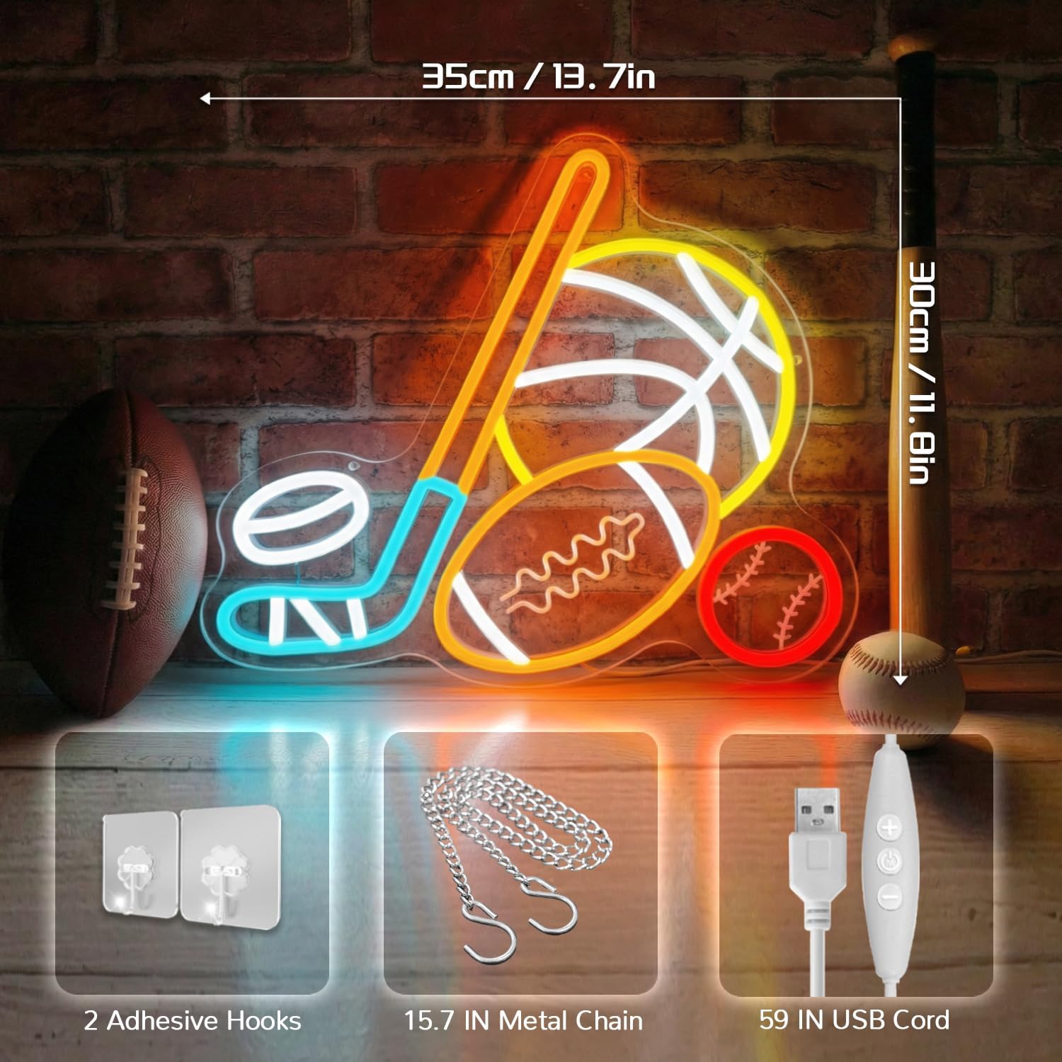 Sport Ball Combination Neon Sign,﻿Ice hockey Basketball Baseball Football Neon Light Wall Decor,USB Powered Dimmable Sports Wall Decor for Game Room,Man Cave,Sports Themed Bedroom Decor for Boys