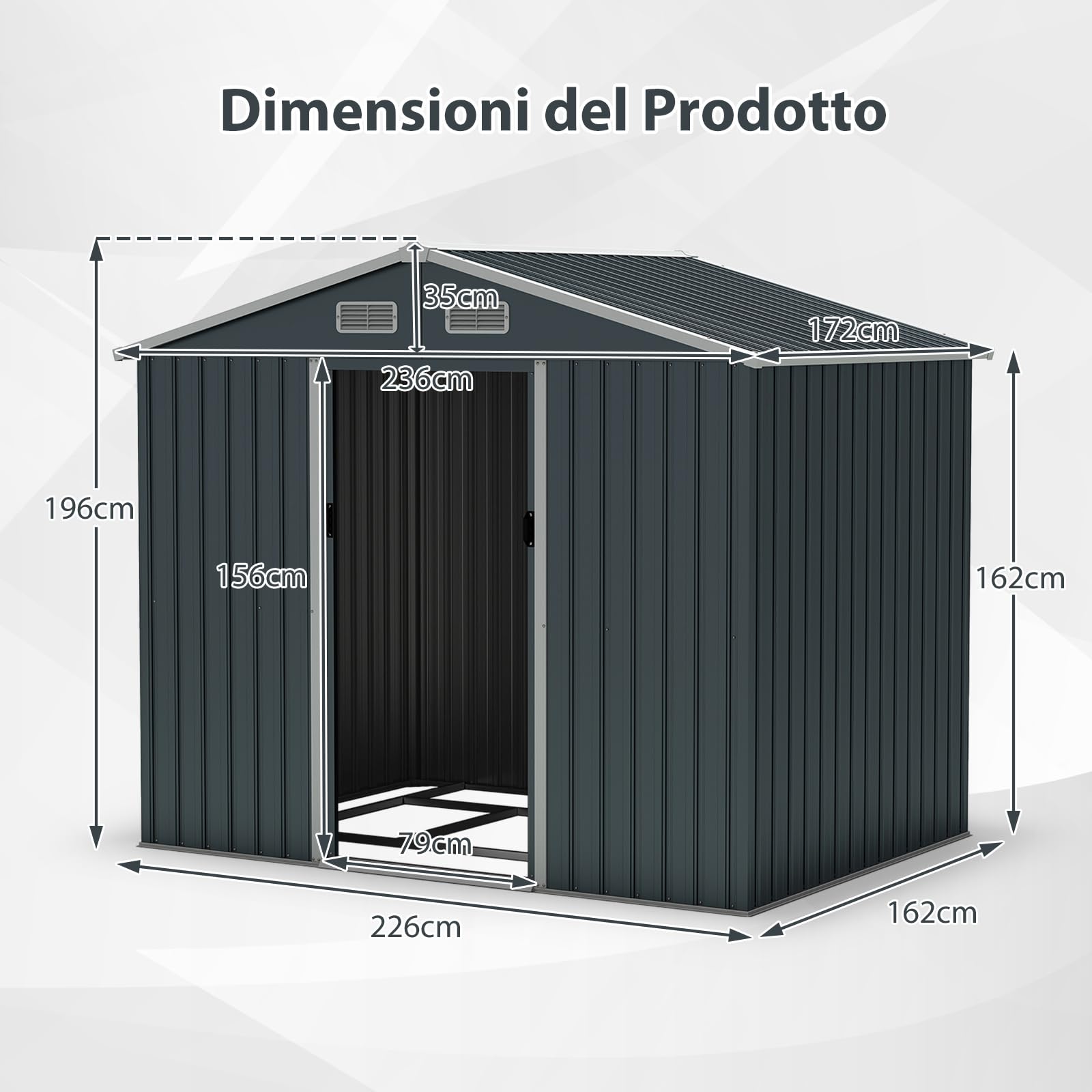 COSTWAY Casetta da Giardino 3,66㎡, Capanno da Esterno con Tetto Spiovente e Porte Scorrevoli, 4 Prese d'Aria e Base, in Metallo Zincato Resistente alle Intemperie, 235 x 171 x 196 cm