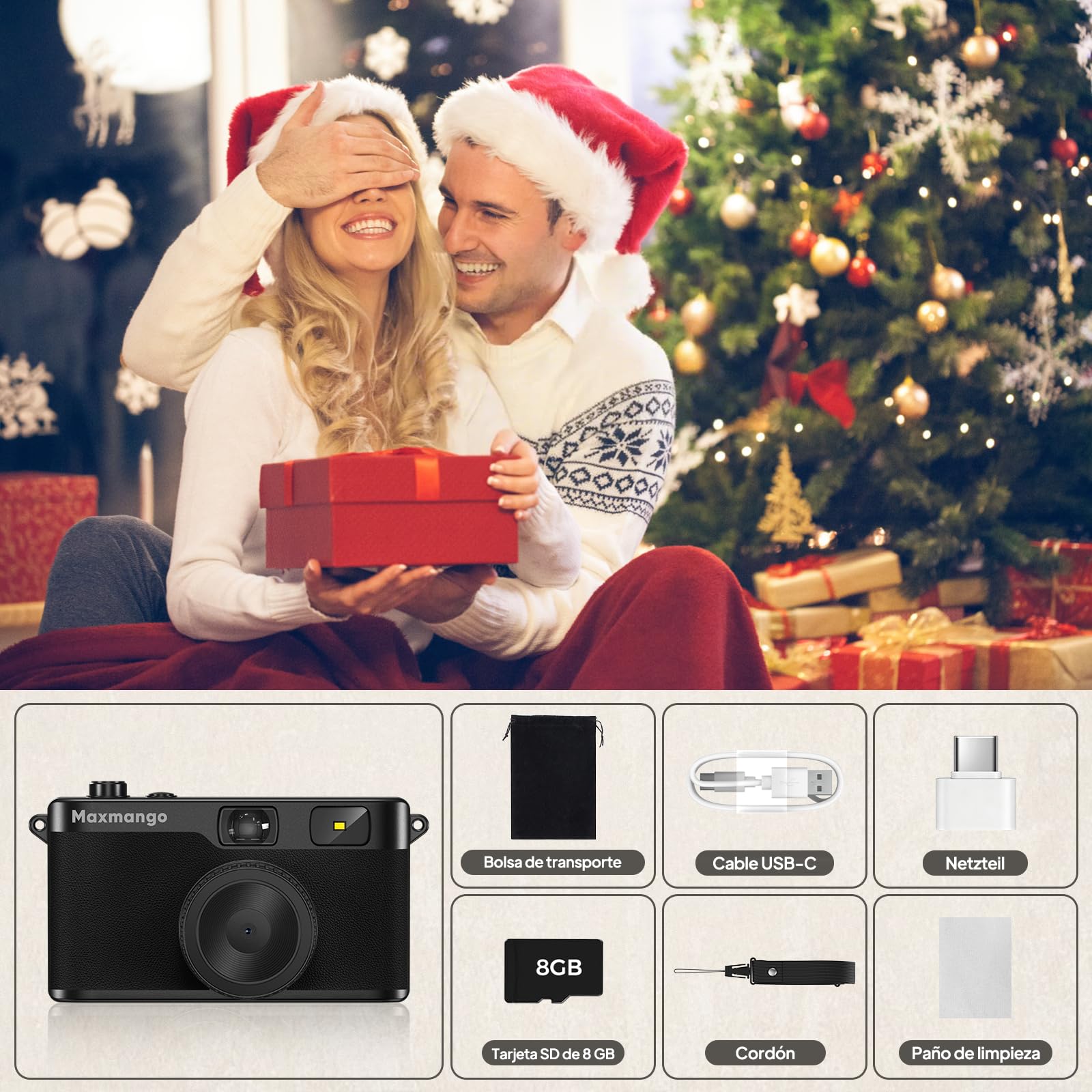 Maxmango D53 Cámara Digital de Estilo Retro sin Pantalla, 12 MP Filtros DIY, Cámara Digital compacta sin Pantalla con Tarjeta SD de 8 GB para 4000 Fotos (Negro) — view 8