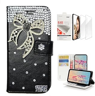 STENES Bling Wallet Phone Case Compatible with Samsung Galaxy A52 5G - Stylish - 3D Handmade Bowknot Design Leather Cover with Screen Protector [2 Pack] - Black