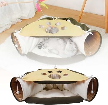 Cat Tunnel Bed, Cat Peekaboo Cave, Cat Bed, Cat Play Tunnel with Hanging Ball Toys, Easy Cleaning, Bunny Tunnel for Cats, Rabbits, Ferrets Brown