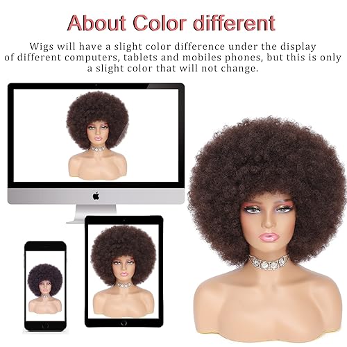 Miniatura 6 de Peluca afro  Peluca afro suave de los años 70 para mujer, color marrón oscuro, afro, rizado, con flequillo, aspecto natural, marrón oscuro, corto,