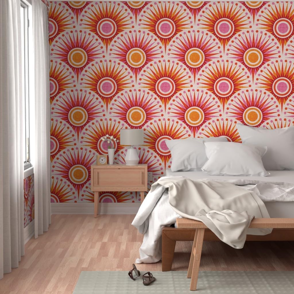 Spoonflower Peel & Stick Wallpaper 3ft x 2ft - Retro Orange Sun Boho Pink Red Yellow Sunset Sunrise Large Scale Custom Removable Wallpaper