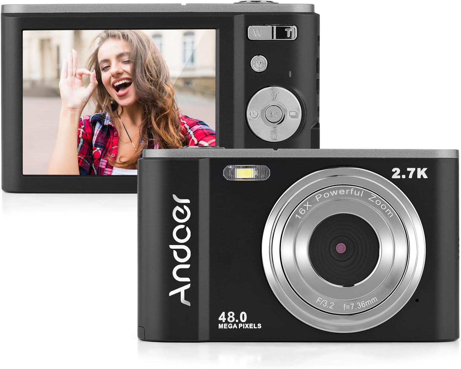 Front and back view of the Andoer Portable Digital Camera, showing the lens, flash, and the 2.7-inch IPS screen with control buttons.