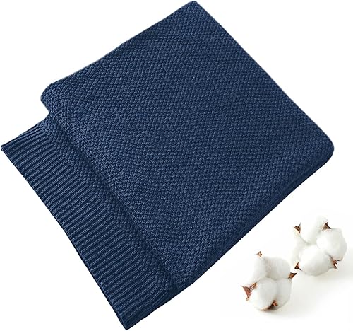 TREELY Manta de punto 100% algodón para sofá, silla, cama, decoración del hogar, manta de punto suave y acogedora (50 x 60 pulgadas, azul marino)