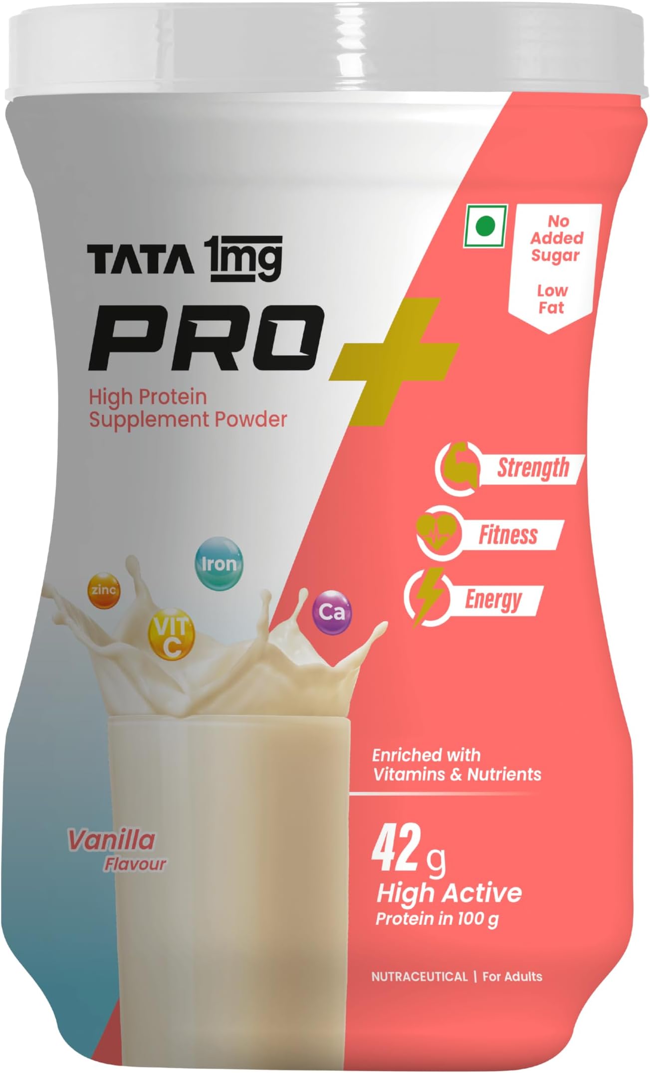 Tata 1mg Pro+ Soy Protein Supplement Powder- High Protein for Muscle & Bone Strength, Overall Fitness, and Energy with 23 essential nutrients,Low Fat & No Added Sugar,Vanilla Flavour