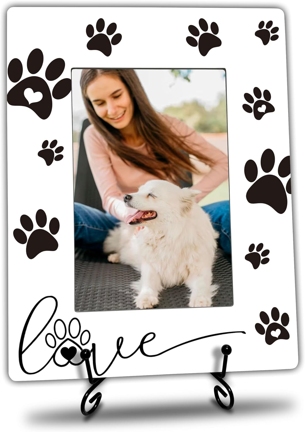 Dog Lover Photo Frame with Metal Stand - 4x6 Inch Wood Frame with Paw Print - Gift for Dog Owners, Pet Memorial Decor, Home Display (A04)