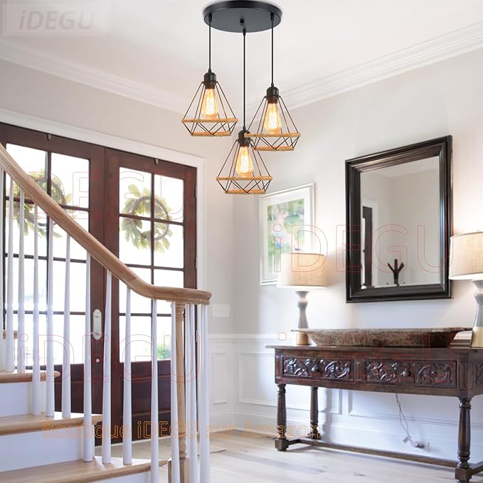 iDEGU iDEGU Hanglampen, industriële lamp, 20 cm, kroonluchter, plafondlamp, vintage, zwart, lamp, lampenkap, kooi, van metaal en henneptouw, E27, plafondverlichting voor eetkamer, woonkamer, restaurant photo 2