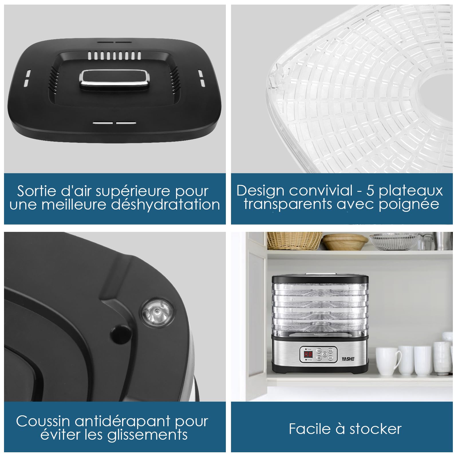 YASHE GGJ-261B Déshydrateur Alimentaire, Contrôle de Température de 35 à 70°C et Minuterie de 72 Heures, 5 Plateaux Réglables en Hauteur, Déshydrateur pour Fruits et Légumes, 240 Watts, Sans BPA