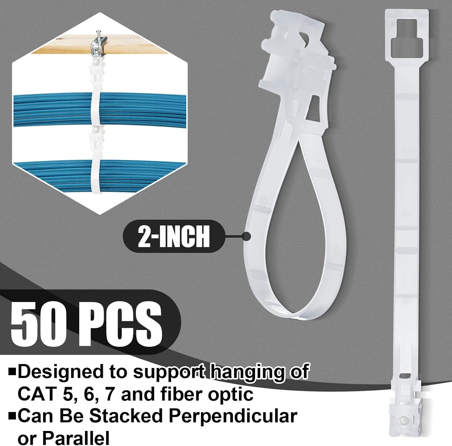 50 Pcs 2" Loop Cable Hangers, UV Rated Loop Cable Rings Hooks Holders for Beam Clamps Communications Wire Support Management