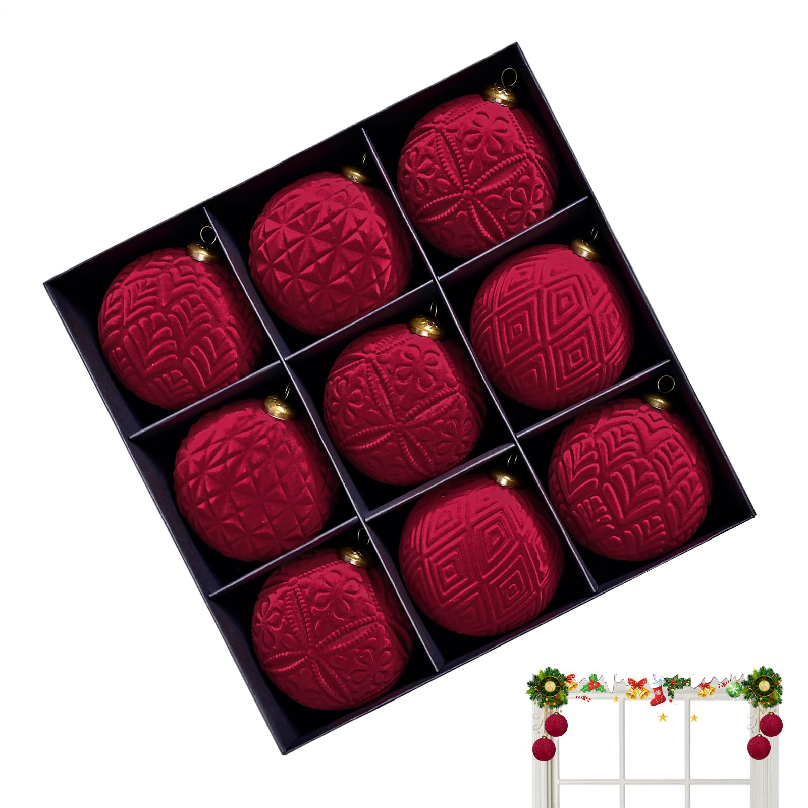Boules de Noël incassables en velours lot de 9 suspensions 9cm