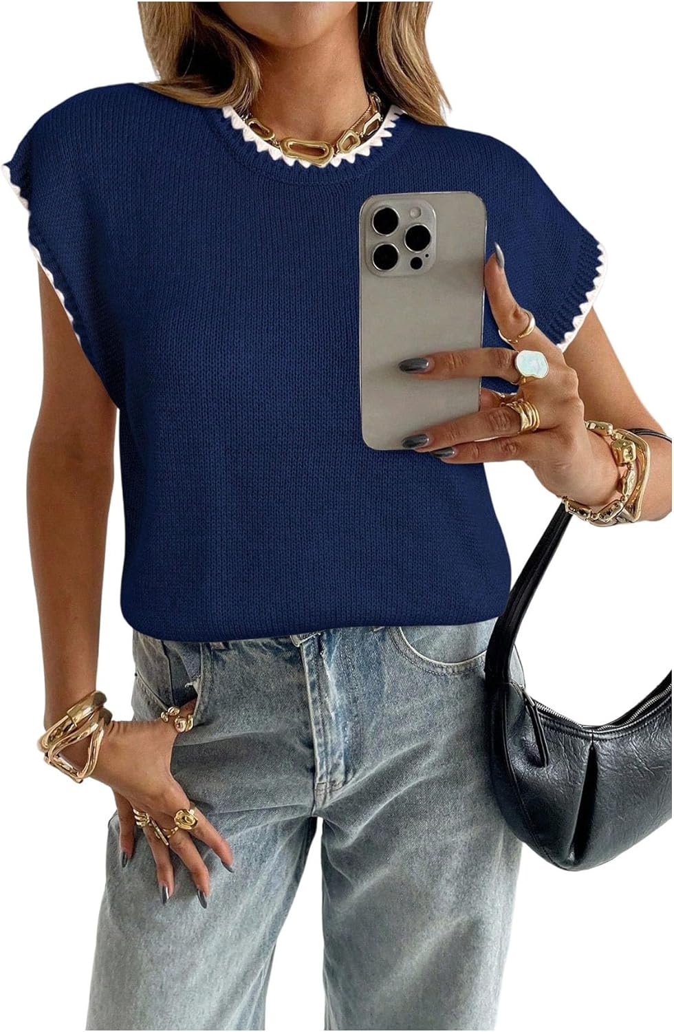 SOLY HUX Women's Short Sleeve Sweater 3D Floral Sweaters Pullover Tank Tops Knit Vest Trendy Fashion Clothing Dark Blue White Medium