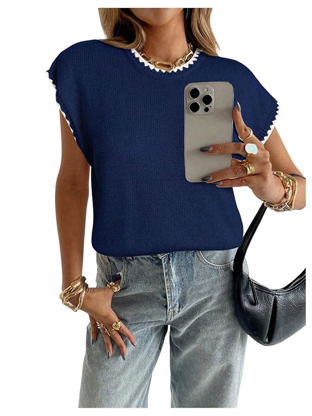 SOLY HUX Womens Short Sleeve Sweater 3D Floral Sweaters Pullover Tank Tops Knit Vest Trendy Fashion Clothing Dark