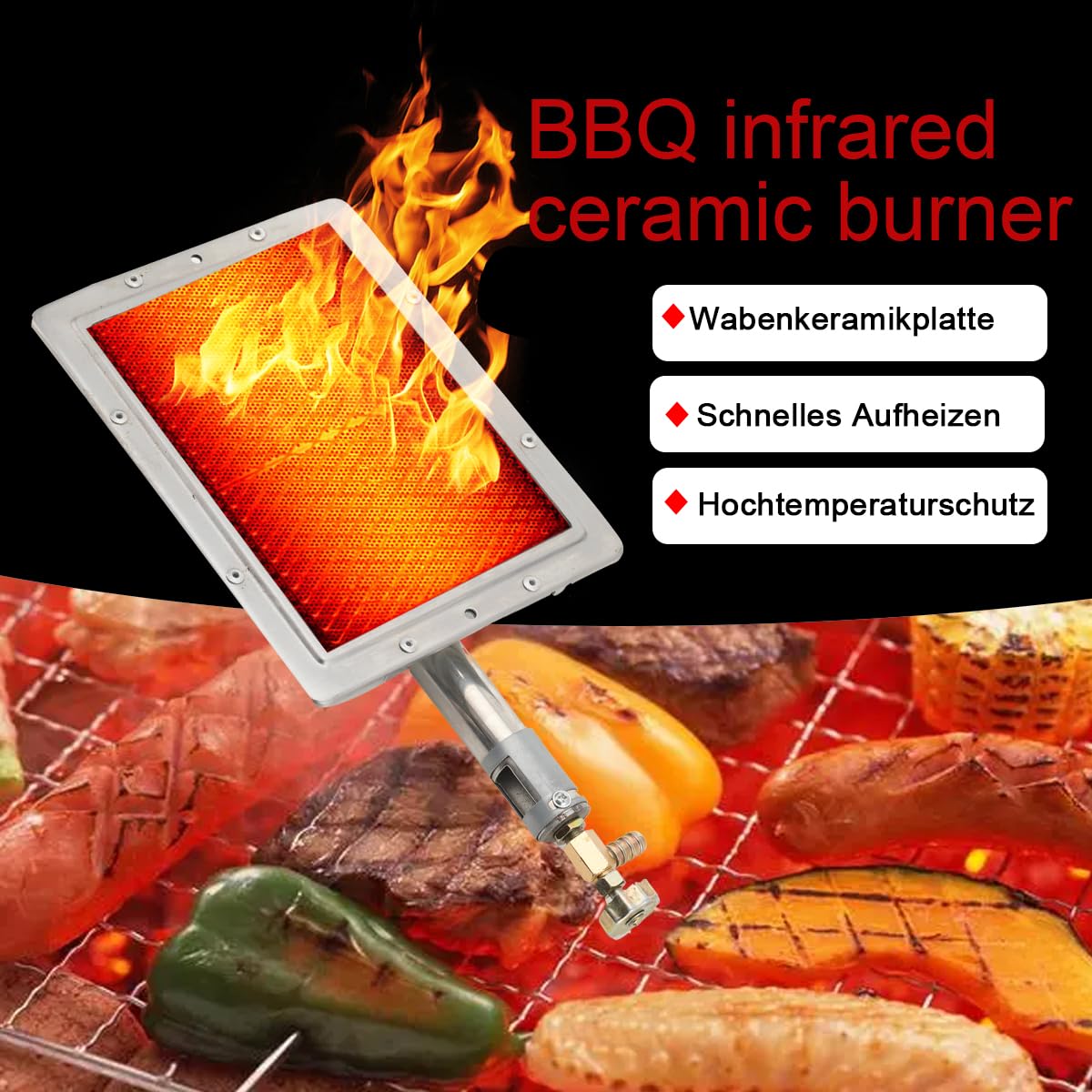 Brûleur latéral infrarouge pour barbecue - Brûleur à gaz infrarouge - Brûleur à gaz - Élément chauffant - Chauffage en céramique - 22 x 17 cm - Rectangulaire