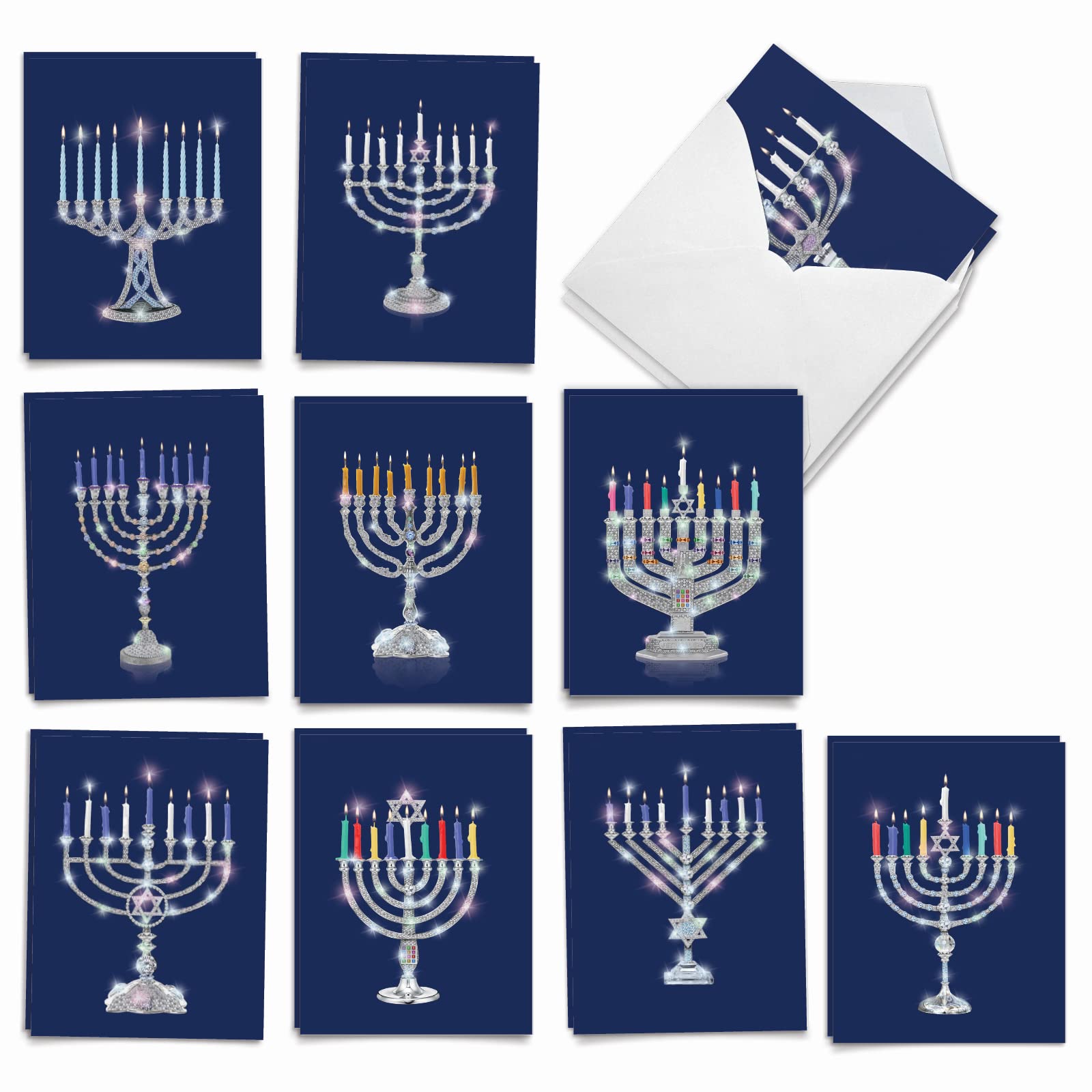 The Best Card Company - 20 Assorted Chanukah Note Cards Boxed Set 4 x 5.12 Inch with Envelopes (10 Designs, 2 Each) Jewish Holiday Cards Menorah Bling AM9550HKG-B2x10