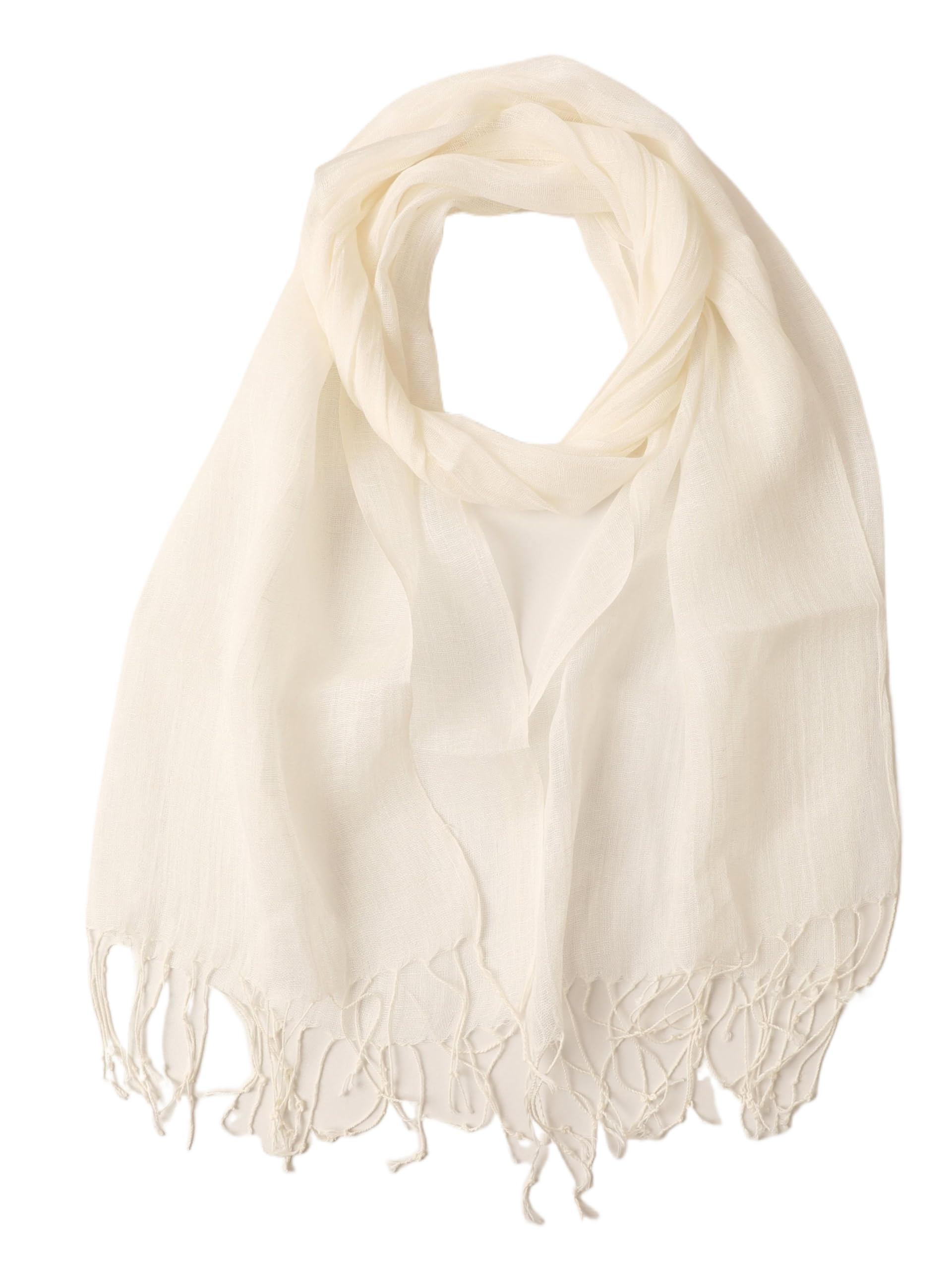 Prettystern Women's T10 White Uni Coloured Plain Loosely Woven Fringes 100% Linen Spring Summer Shawl