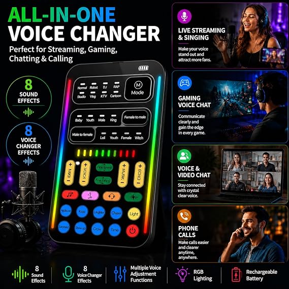 Voice Changer Sound Card Kit for Gaming, Streaming & Content Creation | Complete kit with mic headset and adapter, ready to use with simple plug and play setup.