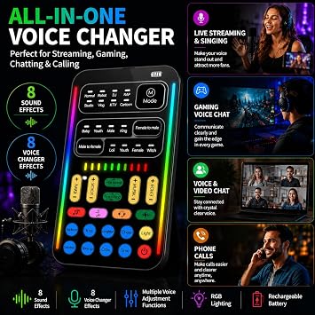 Voice Changer Sound Card Kit for Gaming, Streaming & Content Creation | Complete kit with mic headset and adapter, ready to use with simple plug and play setup.