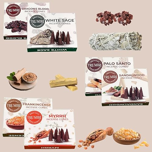 Miniatura 8 de Trumiri Conos de incienso amaderado  Paquete variado  Total 60 conos de incienso (6 aromas x 10 conos)  salvia blanca, Palo Santo, sangre de