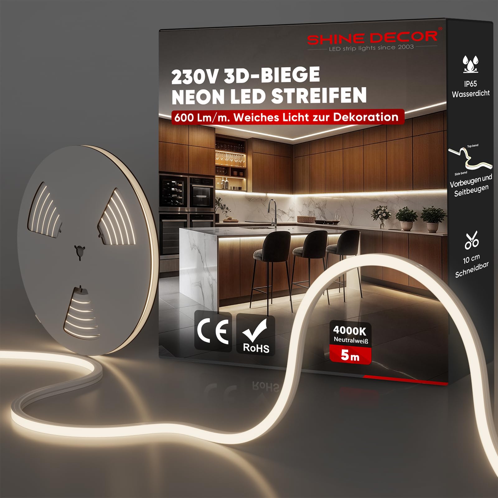 Shine Decor Bande LED Néon 3D Pliable, 220-240 V CA, 600 LM/M, IP65 étanche, Certifié CE, Neon Ruban LED Flexible, en Silicone, pour Décoration d'intérieur, éclairage extérieur (5M, Blanc Naturel)