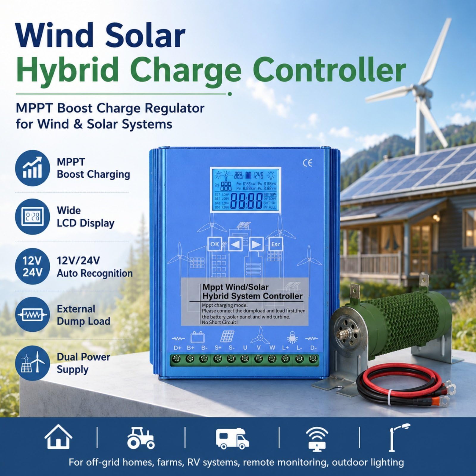 15000W Regolatore Eolico Solare, Carica Ibrida MPPT 12V/24V/48V 24V/15000W | Doppia Alimentazione, Corpo in Alluminio, Display LCD per Casa, Barca, Illuminazione Esterna